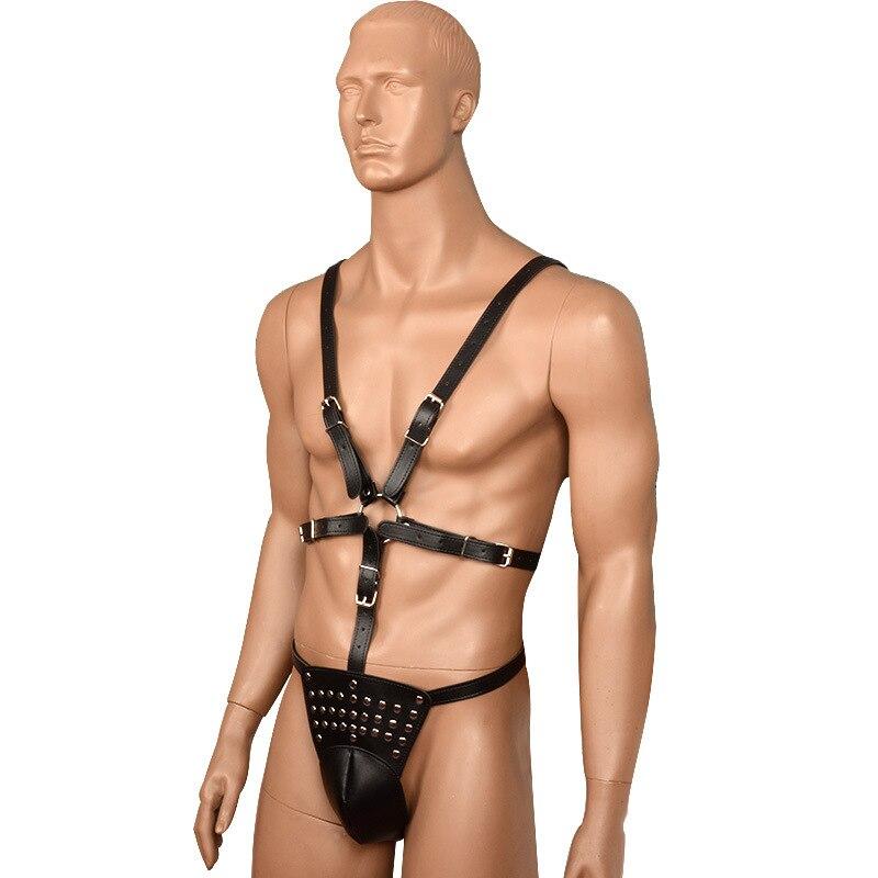 Men's Bondage Chastity Pants Erotic Wearing Panties Penis Strap Leather Clothes Fetish BDSM Briefs Chain Thong