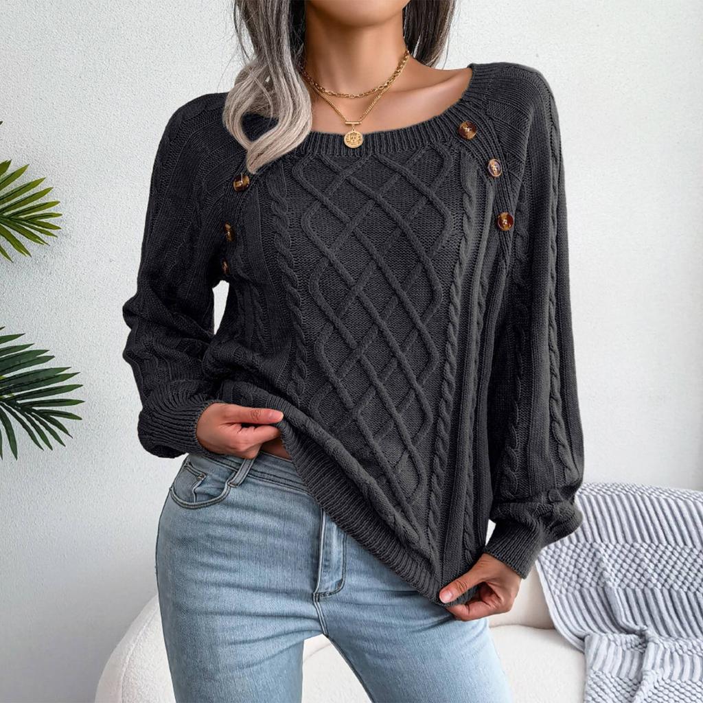 Women's Fashion Casual Solid Color Square Neck Button Cable Knit Pullover Sweater