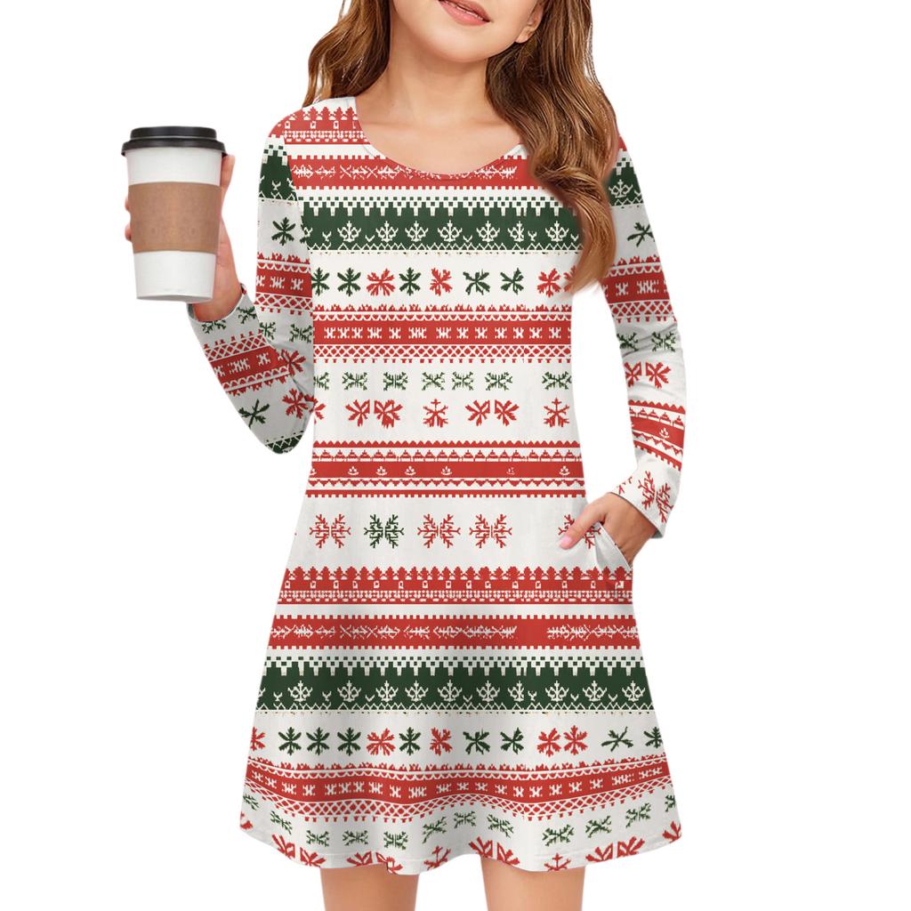 Christmas Day Girls' Long Sleeve Dress - Color Pocket Dress