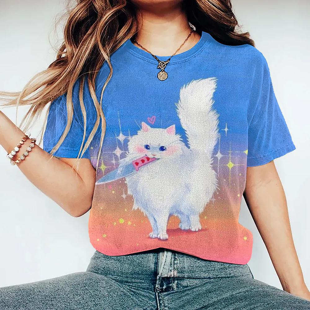 Women's T Shirt Cartoon Cat Pattern Print Summer Casual Short Sleeve Tee Fashion Streetwear Cute Girl Female Oversized Clothing