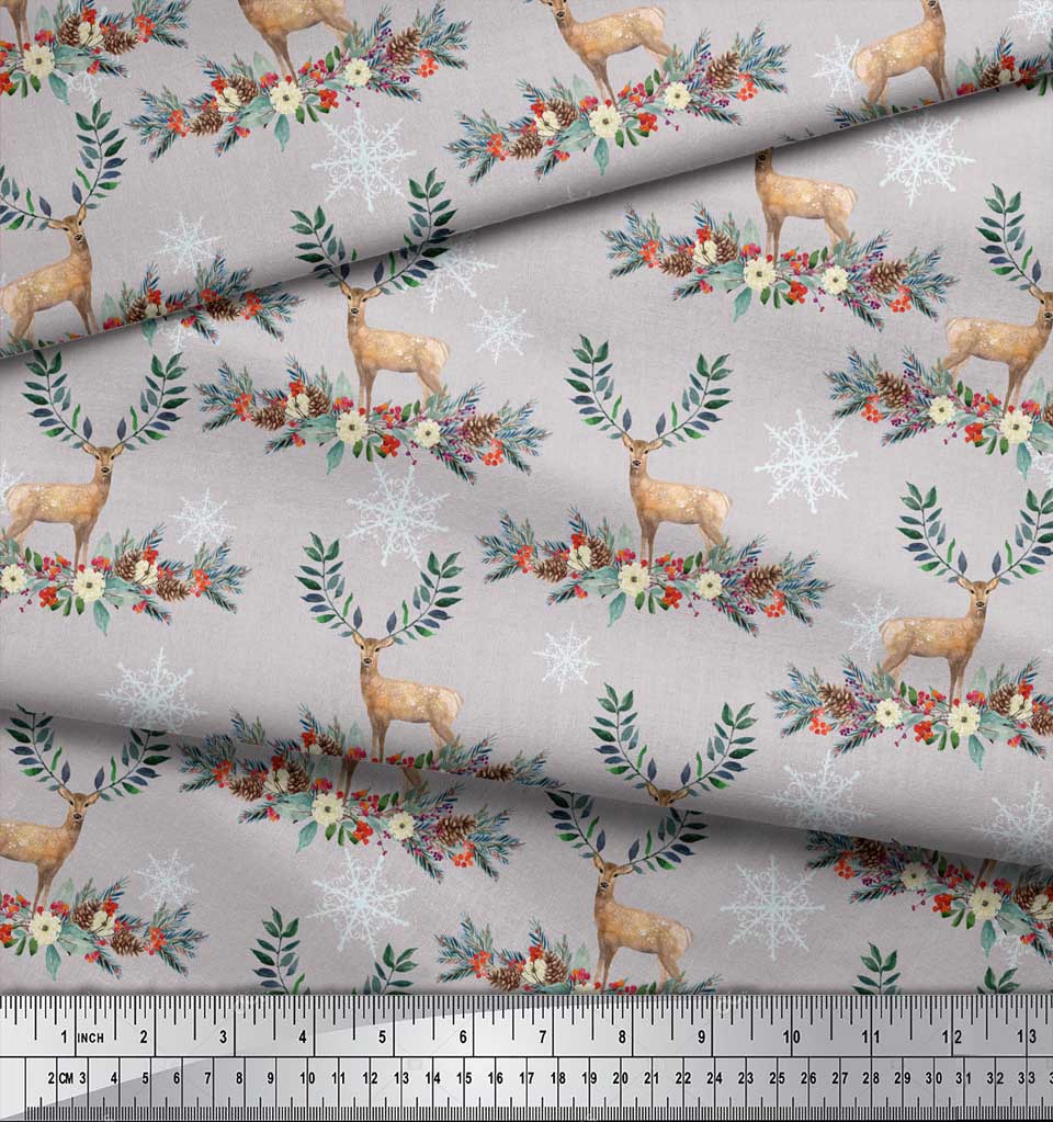 Soimoi Gray Japan Crepe Satin Fabric Deer & Floral Print Fabric by the Metre 42 Inch