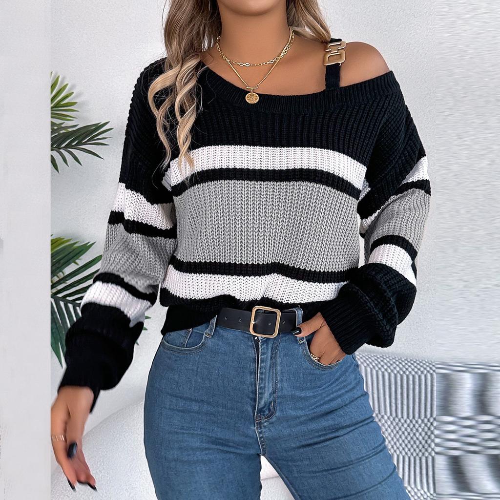 Women's Fashion Casual Loose Contrast Striped Metal Button Off-the-shoulder Sweater Long Sleeve Pullover Top