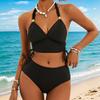 Women's New Solid Color Pit Strip Lace Up Sexy Bikini Two Piece Swimsuit