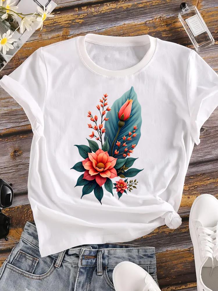 (Asian Size) Clothing T Shirt Love Heart Flower Cute Fashion Ladies Casual Women Tee Top Short Sleeve Print Lady Female Graphic T-shirts