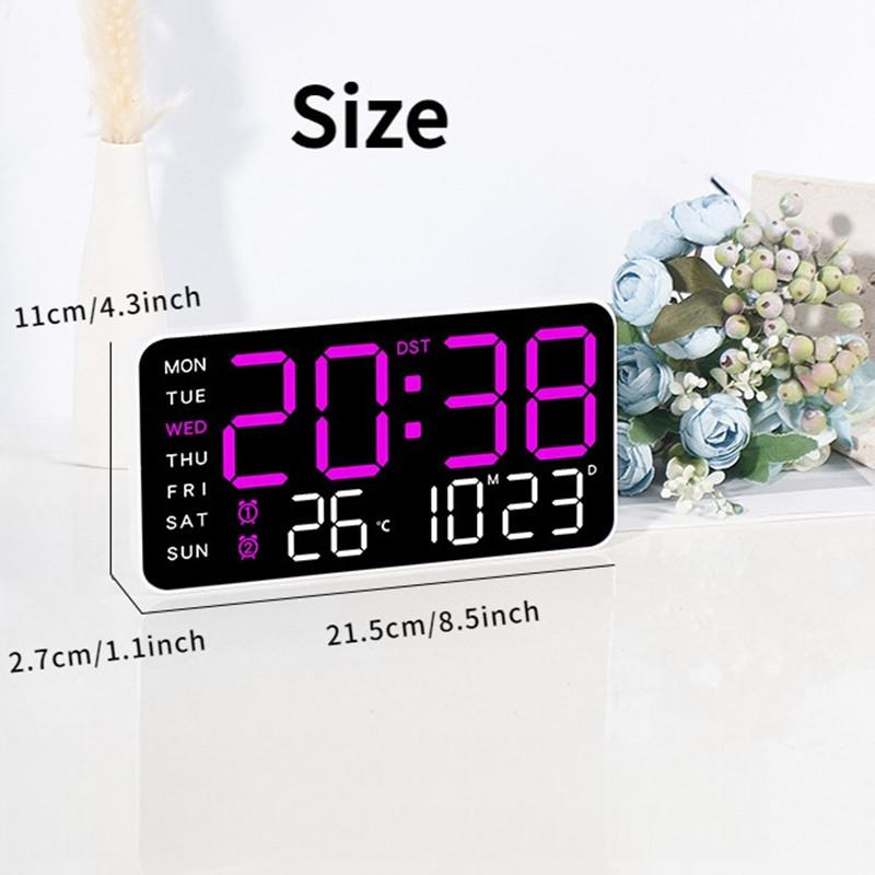 USB Powered LED Digital Wall Clock Voice Control Temperature Date Week Snooze Dual Alarm Clock DST Brightness Adjustment 12/24H