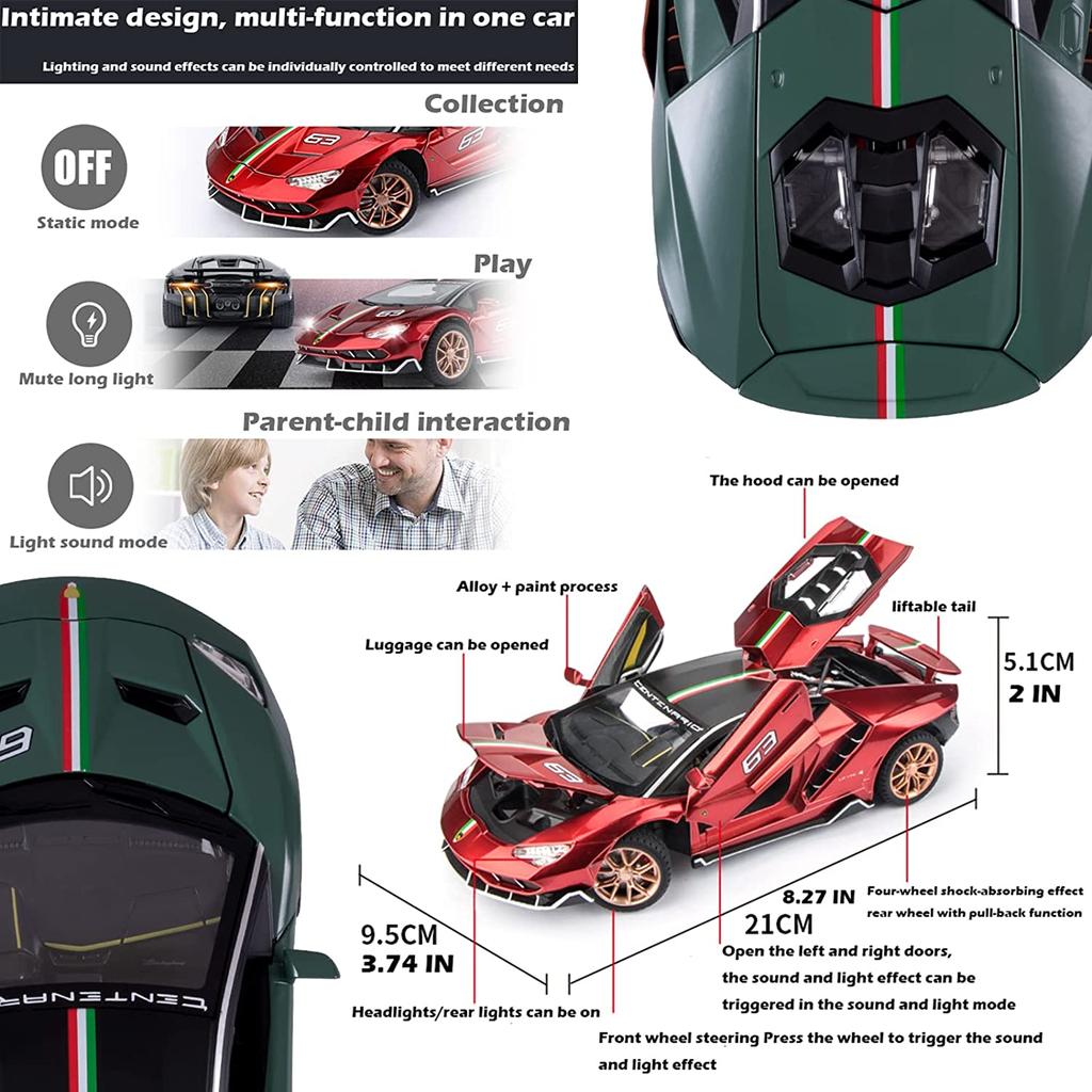 1/24 Scale LP770 Sports Racing Metal Model Diecast Car, Pull Back Vehicles with Light and Sound Toy Cars for Kids Age 3 Year and Up