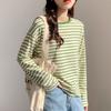 Early Autumn Striped Base Shirt for Women with Fashionable Round Neck Loose Versatile Long-sleeved T-shirt Casual Cotton Top Thin