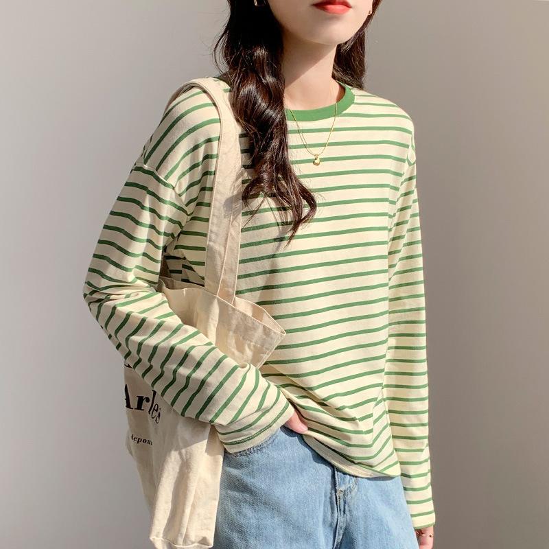 Early Autumn Striped Base Shirt for Women with Fashionable Round Neck Loose Versatile Long-sleeved T-shirt Casual Cotton Top Thin