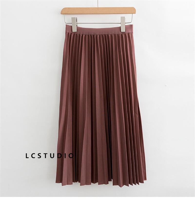 Qooth Elegant A Line Pleated Skirt Spring Summer Long Skirt Women Casual High Waisted Maxi Skirts JM0001