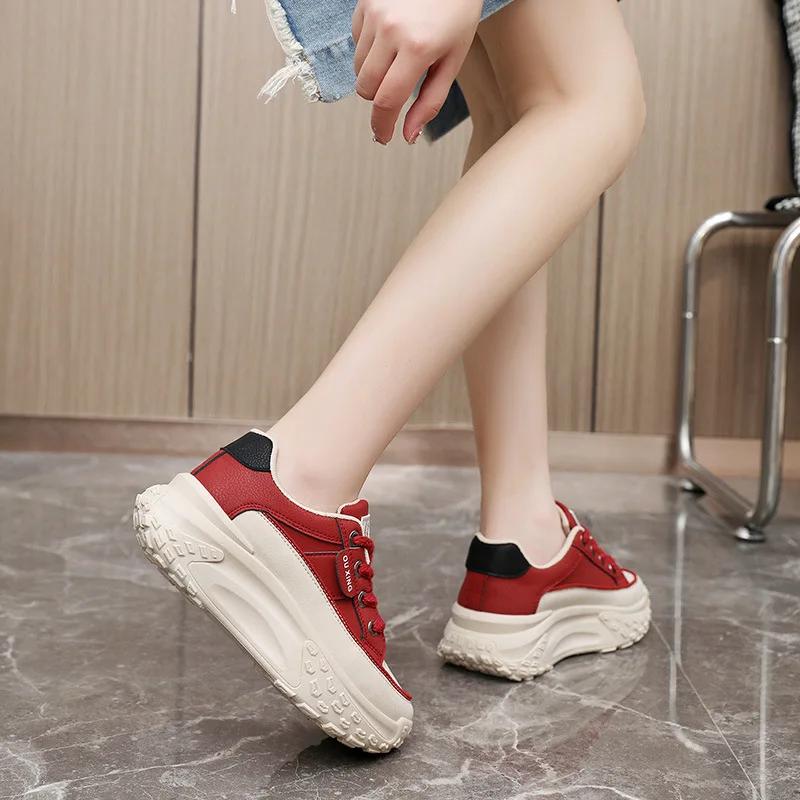 Fashion Retro Women Chunky White Casual Shoes Spring All-match Lace-up Platform Sneakers High Quality Student Board Shoes Mujer