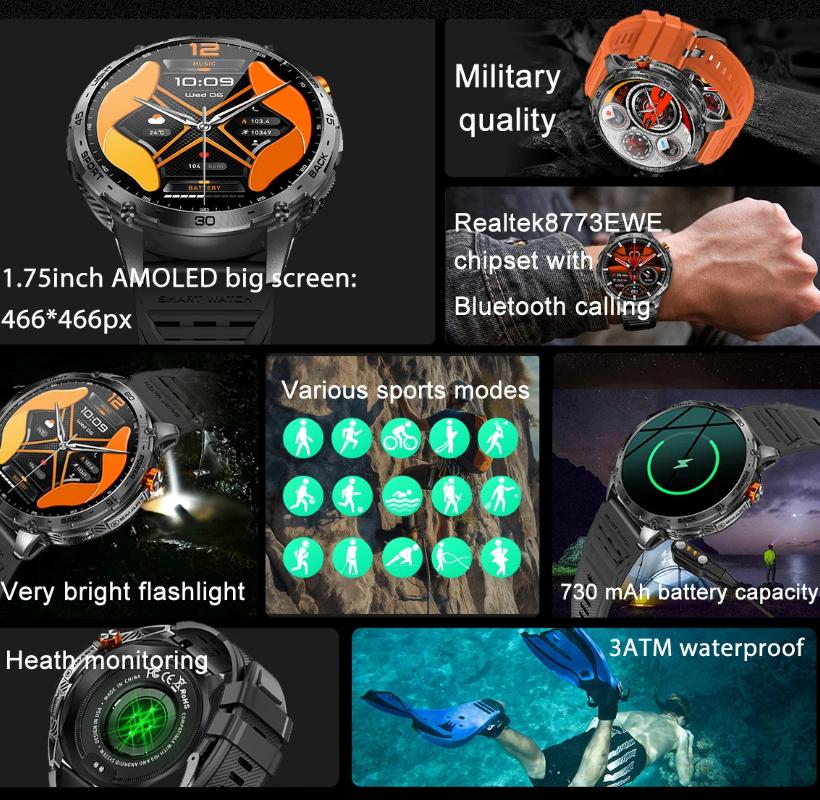 2025 New Military Smart Watch Men 730mAh Large Battery Flashlight AMOLED HD Display 3ATM Waterproof Outdoor Sports Smartwatch