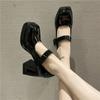 Fashion Elegant Black Platform Pumps for Women 2024 Patent Leather Thick High Heels Shoes Woman Square Toe Ankle Strap Mary Jane Shoes