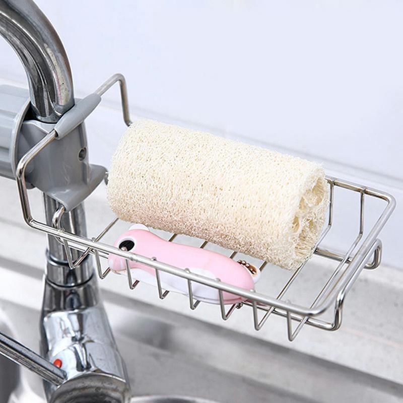 Kitchen Stainless Steel Faucet Rack Household Non-punching Rag Sponge Brush Drain Rack Sink Storage Rack