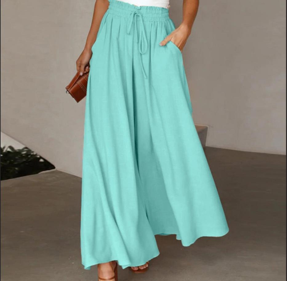 Women's Solid Color Trousers Elastic Belt Wide Leg High Waist Long Culottes
