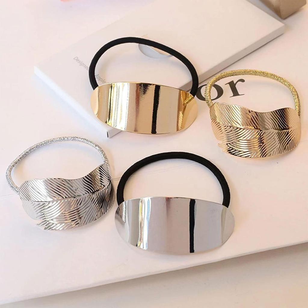 Boho Chic Alloy Hair Tie Set - Sleek Leaf Design, Glossy Metal Ponytail Holders for Women & Girls 14+, Durable & Stylish Gift
