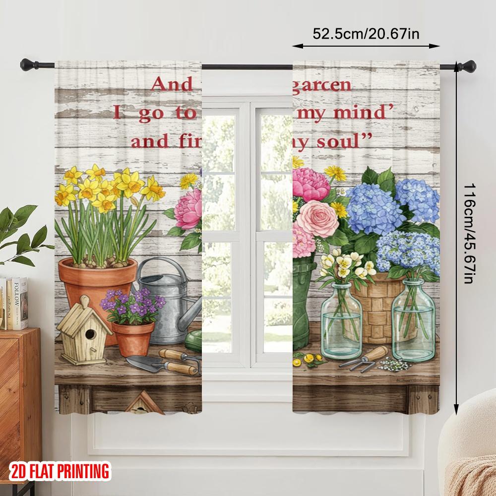 2pcs 2D Flat Printing Window Curtains Garden Boots Flowers Watering Can Polyester Without Electricity Holiday Decorations for
