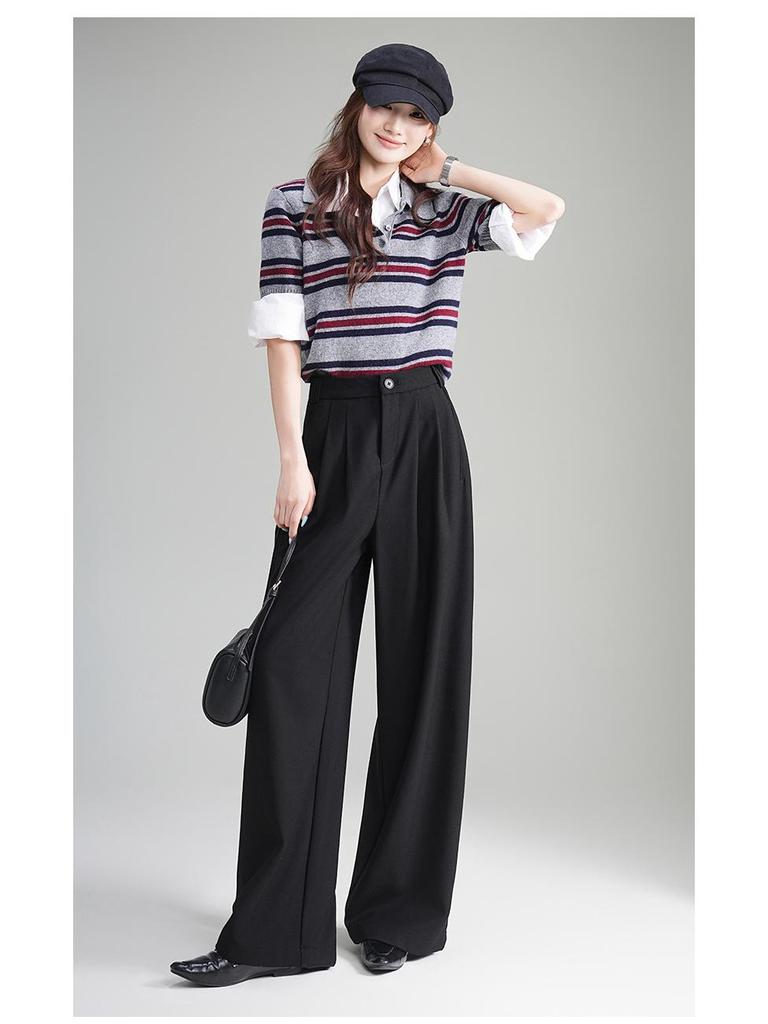 2025 Autumn Women's High Waist Grey Wool Wide-Leg Trousers - Korean Style, Floor-Length, Relaxed Fit
