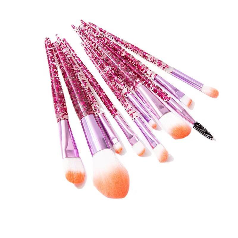 Crystal Handle 10-Piece Makeup Brush Set with Glitter, Fiber Hair for Face & Eye