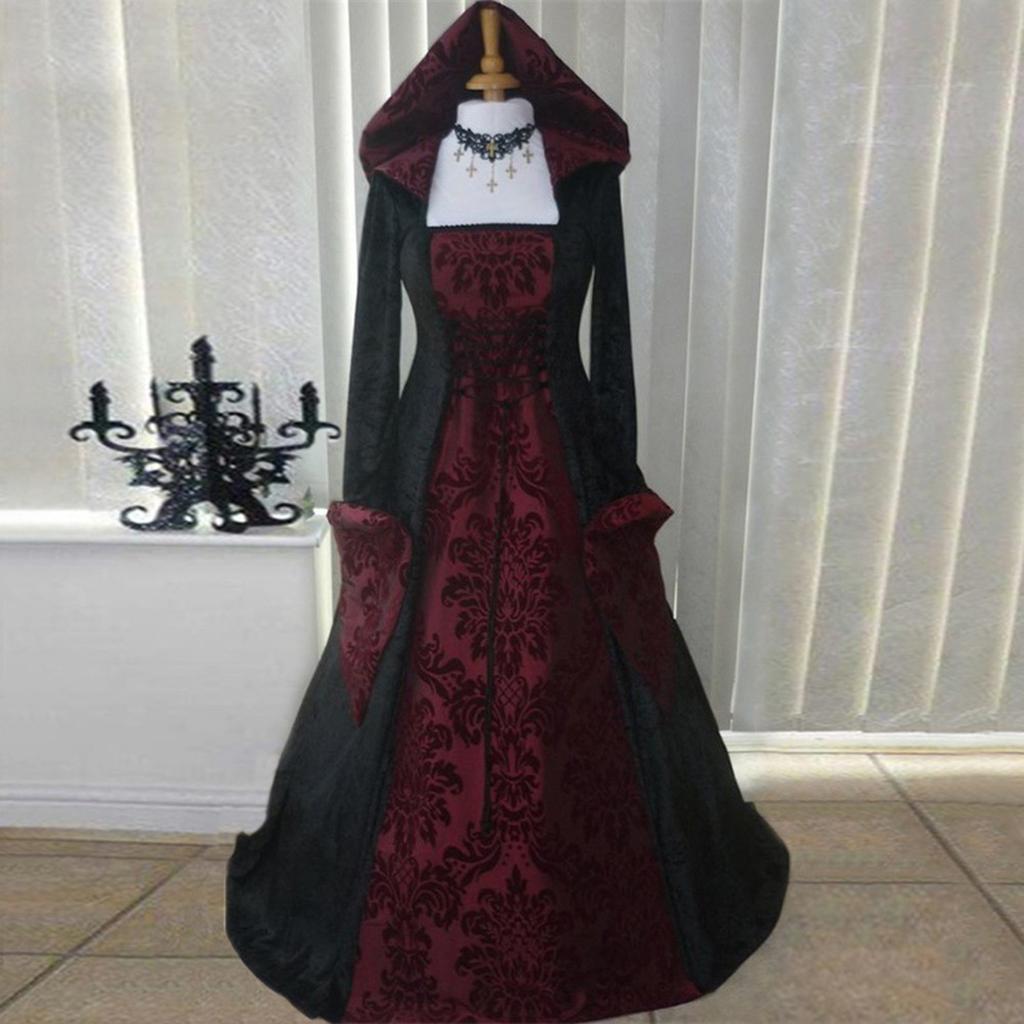 Women Vintage Retro Gothic Long Sleeve Hooded Dress Long Gown Dresses