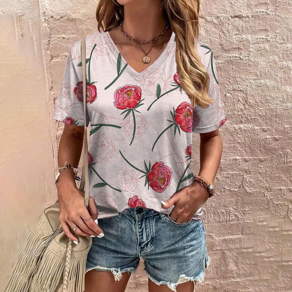 Summer Comfortable Women's T-shirt Fashion Flower Pattern Print Leisure Elegant V-neck T-shirt Daily Women's T-shirt