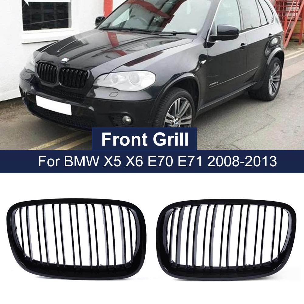 2PCS Bumper Kidney Grille Front Grill Double Slat Line For BMW X5 X6 E70 E71 2008-2013 Car Styling Gloss Black Racing