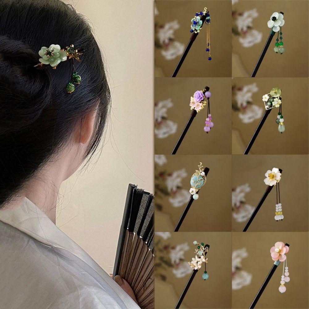 Handmade Flower Hair Sticks Chinese Style Party Hair Bun Decorative Wooden Hairpin for Women Girls