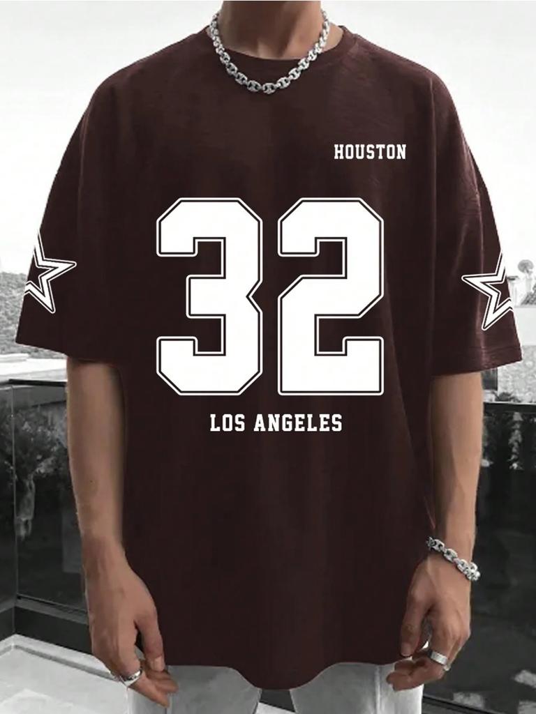 Los Angels Under The Classic Letter 32 Print T Shirt Man O-Neck Loose Short Sleeved Breathable Soft Tops Street Harajuku Tshirt