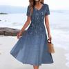 Women's Summer Casual Fashion Print Pocket Short Sleeve V-Neck Swing Dress