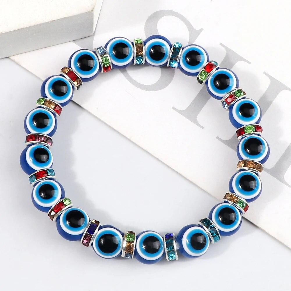 10mm Lucky Blue Evil Eye Bracelet Palm Butterfly Owl Elephant Pendant Charm Crystal Resin Beaded Bracelets for Women Men Jewelry