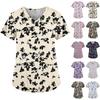 Plus Size Printed Scrub Working Uniform Tops For Women's V-Neck Short Sleeve Fun T-Shirts Workwear Tee With Pockets