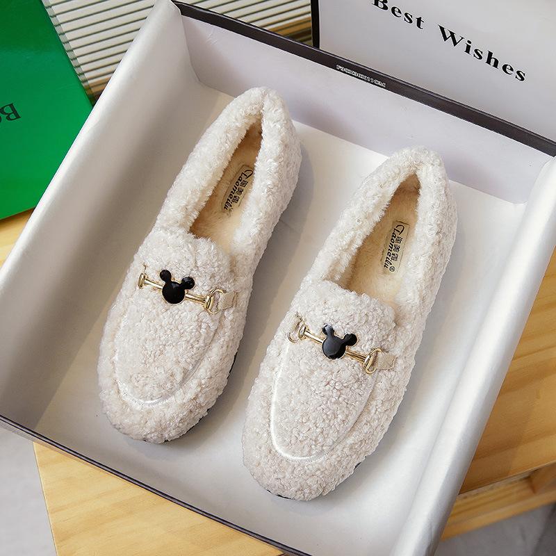 Fashion Women's Plush Cotton Shoes Winter Outdoor Warm Snow Boots Flat Bottomed Lefu Shoes Lambhair Metal Decoration Design Large 41-43