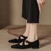New Autumn and Winter Black Single Shoes Women's Buckle Women's Shoes Thick Heel Mary Jane Cross with Suede Design High Heels