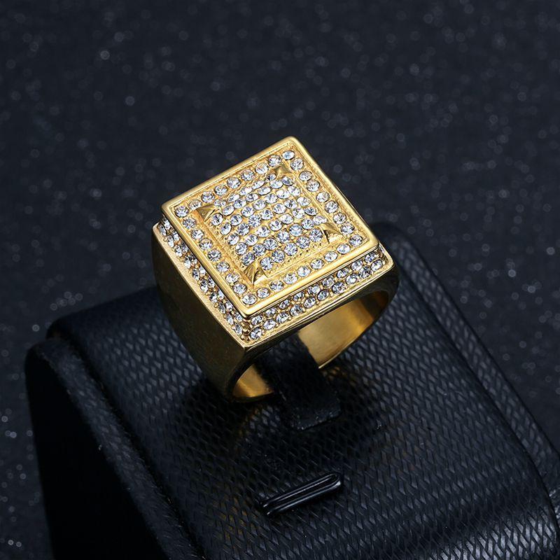 HIP Hop Bling Iced Out Gold Silver Color Stainless Steel Geometric Square Rings for Men Rapper Jewelry Size 7-13