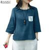 ZANZEA Women Casual Round Neck Loose 3/4 Sleeve Cotton Blouse