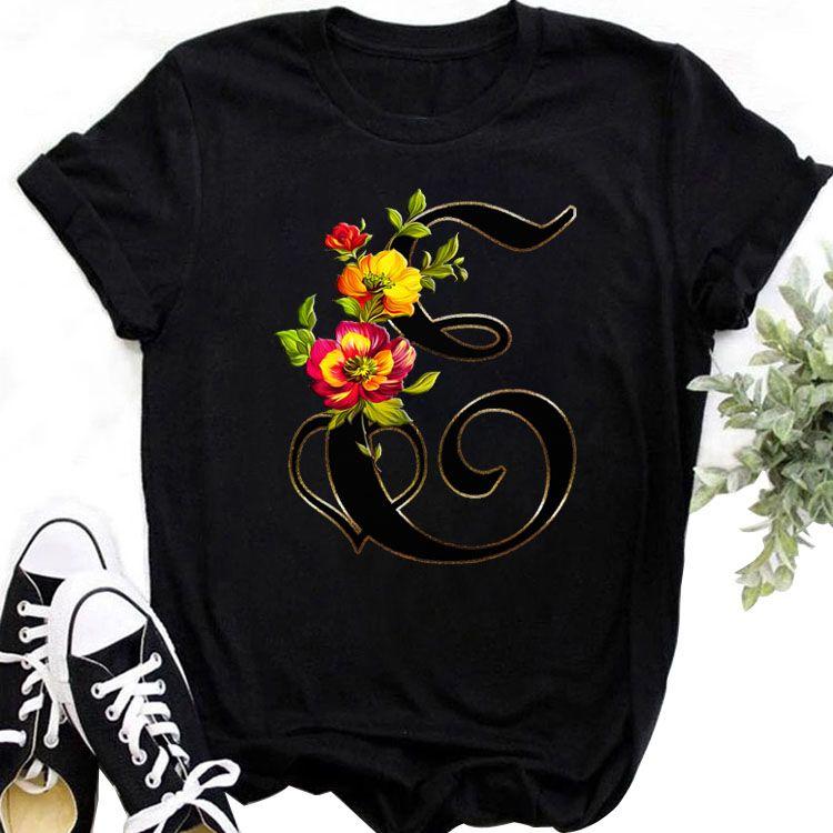 Custom Name Letter Combination Tops Fashion Women T-Shirt Rose Flower Heart Letter Font A B C D Short Sleeve Tees Black T-Shirt