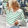 Spring and Autumn Women's Plus Size Casual Lapel Striped Knitwear
