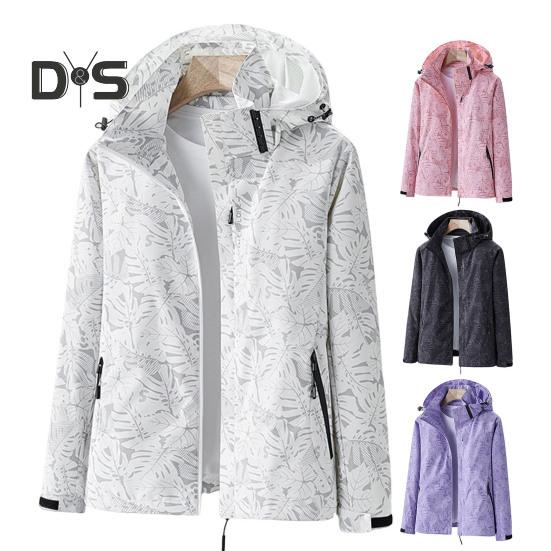 Women Jacket Stand Collar Detachable Hood Long Sleeve Casual Coat with Pockets Maple Leaves Print Zipper Placket Outwear
