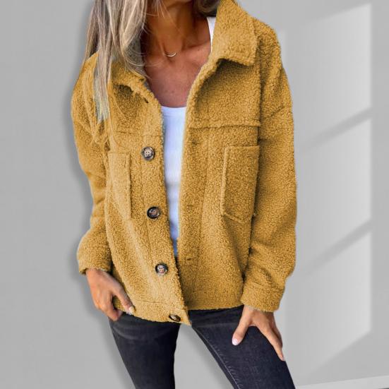 Winter Women Jacket with Double Pockets Thick Fleece Button Closure Cardigan Long Sleeves
