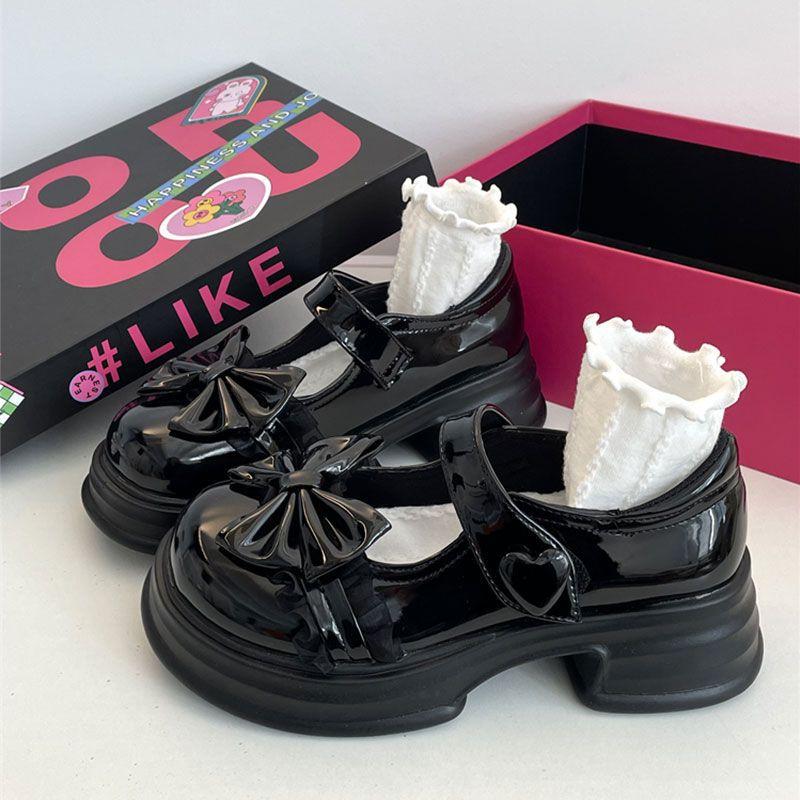 Fashion Cute Bow Round Head Leather Mary Jane Shoes Versatile Thick Bottom JK Uniform Lolita Shoes for Women Casual Thicke Heel Loafers