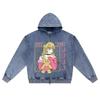 DTG Print Knitted Denim Zip-Up Hoodie Anime Streetwear 23 Brother Print Zipper Hoodies  