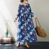Autumn Literary Plus Size Loose Cotton Linen Printed Round Neck Long Sleeved Dress Women's Long Skirt Dresses