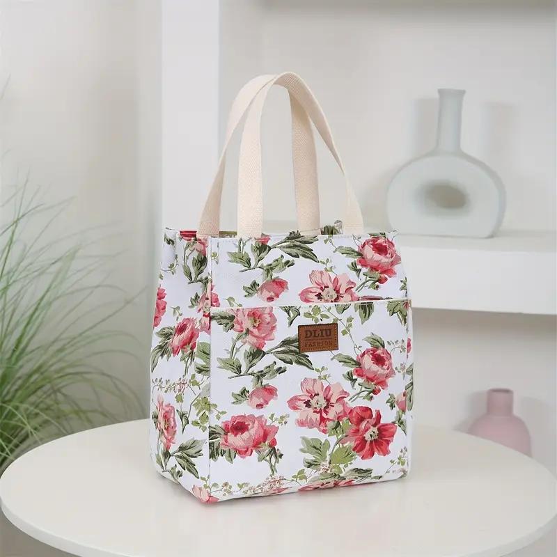 Floral Canvas Tote Bag Large Capacity Lunch Bag for Women Multipurpose Shoulder Handbag KTY