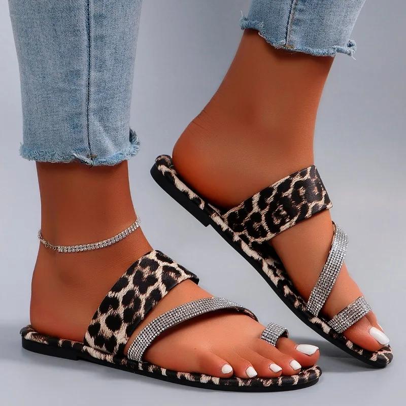Fashion Ladies Shoes 2024 High Quality Outdoor Women's Slippers Mixed Colors Leopard Print Sequins Open Toe Low-heeled Toe Set Slippers