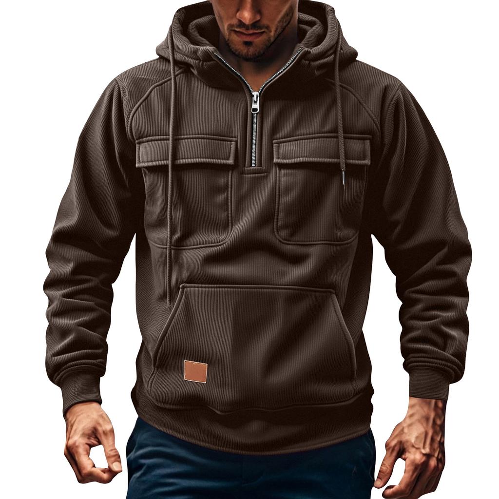 Men's Solid Color Fleece Half Zip Pocket Sweatshirt Hoodie Men's Sports Large Size Casual Sweatshirt