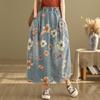 Mori Girl Autumn Women Midi Denim Skirt Elastic Waist Floral Print Vintage Skirt Retro Elegant Skirt With Pockets
