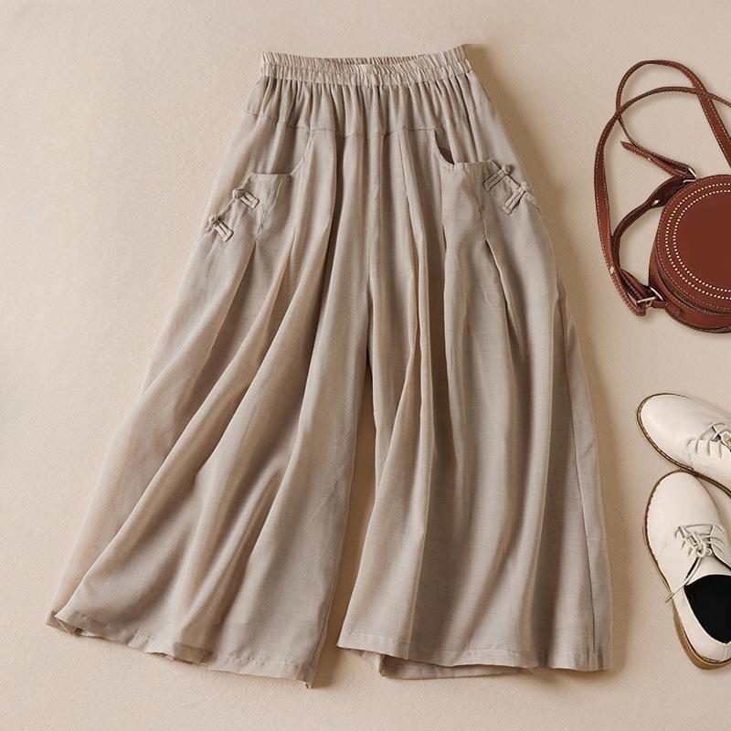 Summer Literature Loose Solid Color Cotton Linen Elastic Waistband Cropped Pants for Women Trousers Women’s