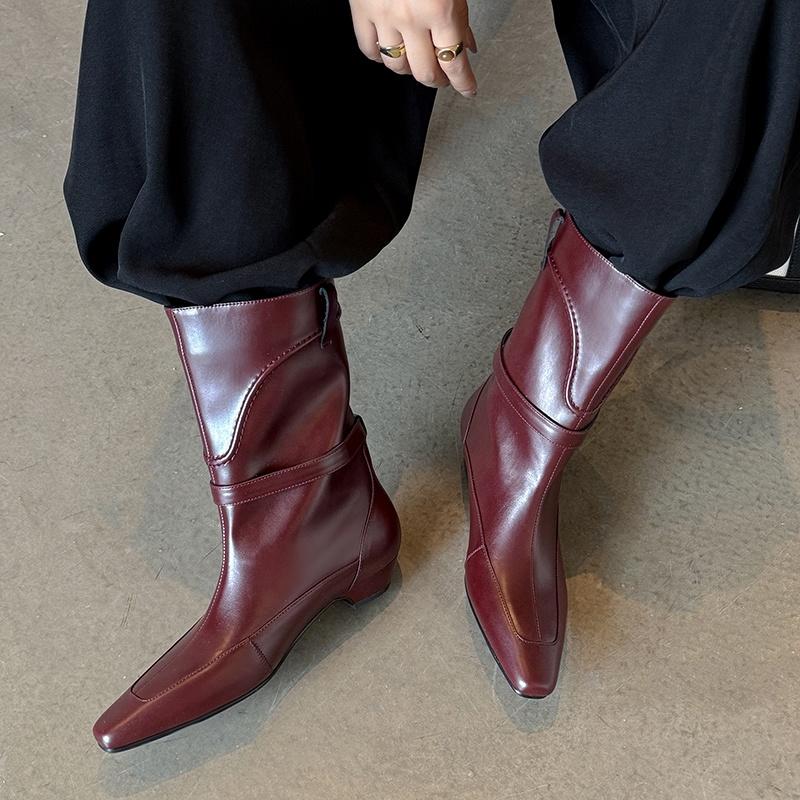 Fashion 2025 Ins New Sheepskin Boots Handmade Square Toe Chunky Mid Heel Autumn Winter Ankle Boots Fashion Office Dress Women's Shoes