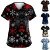 Plus Size Christmas Printed Working Uniform Tops For Women V-Neck Short Sleeve T-Shirts Workwear Tee With Pockets