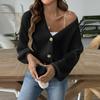 Women's Autumn And Winter New Siold Colour Short Button Jacket Sweater Cardigan