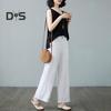 Women Casual Pants Elastic High Waist Buttons Zipper Fly Long Trousers with Pockets Solid Color Straight Wide Leg Slacks Daily Wear
